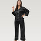 Satin Pajama Set with Button-Up Long Sleeve Top and Wide Leg Pants with Contrast Trim