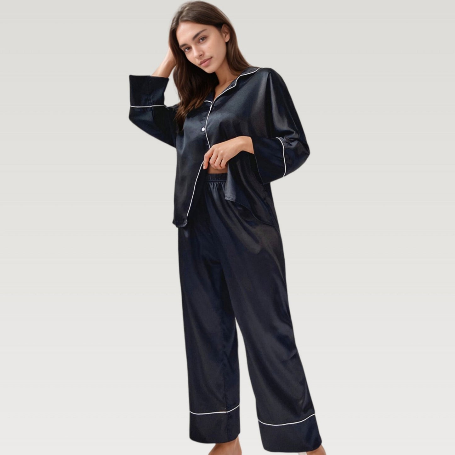 Satin Pajama Set with Button-Up Long Sleeve Top and Wide Leg Pants with Contrast Trim