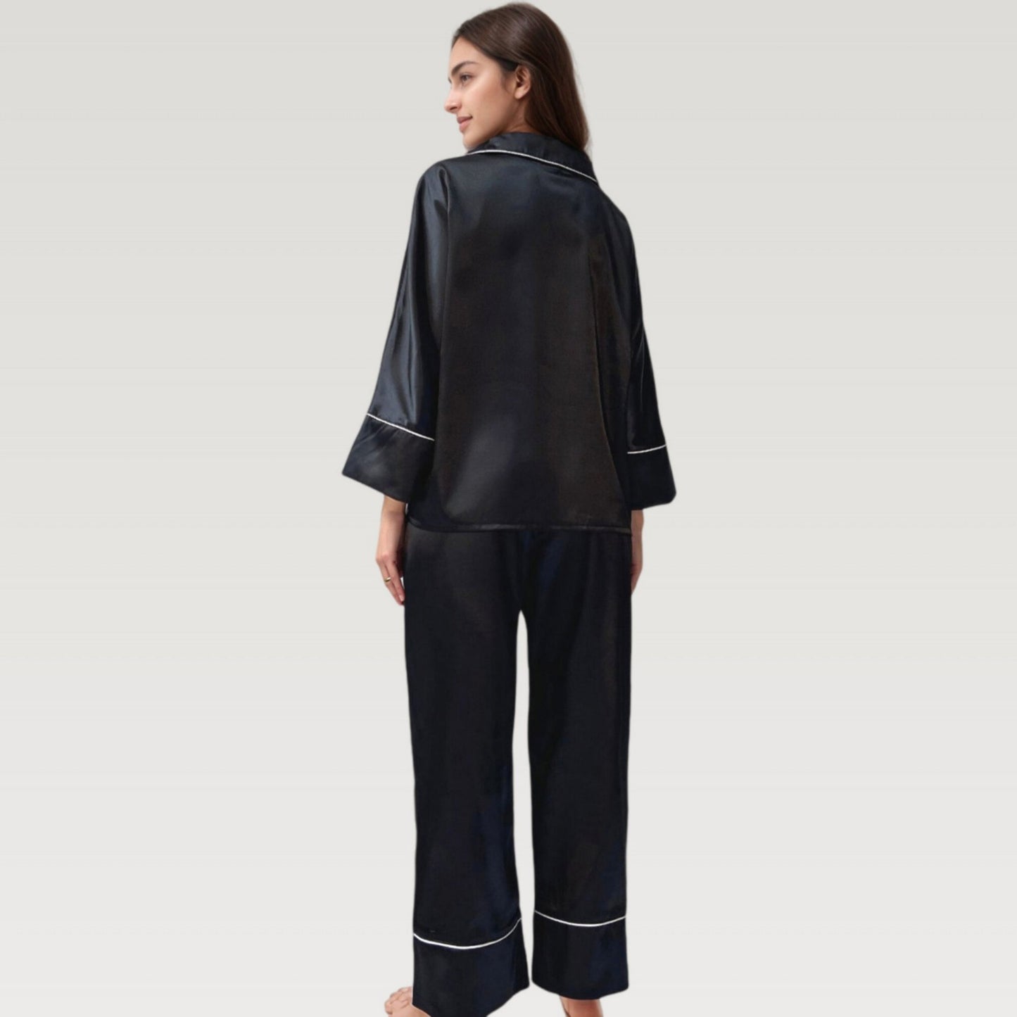 Satin Pajama Set with Button-Up Long Sleeve Top and Wide Leg Pants with Contrast Trim