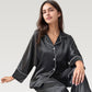 Satin Pajama Set with Button-Up Long Sleeve Top and Wide Leg Pants with Contrast Trim