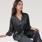 Satin Pajama Set with Button-Up Long Sleeve Top and Wide Leg Pants with Contrast Trim