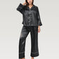 Satin Pajama Set with Button-Up Long Sleeve Top and Wide Leg Pants with Contrast Trim