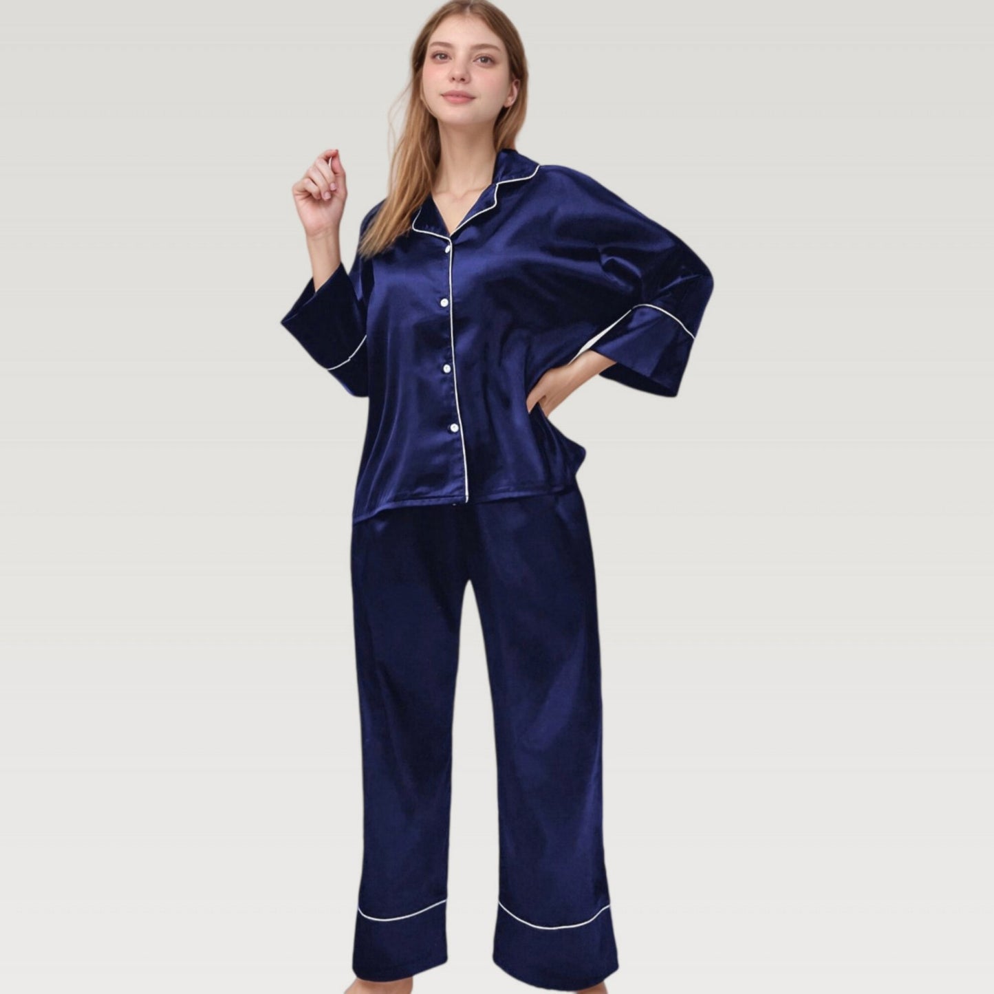 Satin Pajama Set with Button-Up Long Sleeve Top and Wide Leg Pants with Contrast Trim