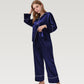 Satin Pajama Set with Button-Up Long Sleeve Top and Wide Leg Pants with Contrast Trim
