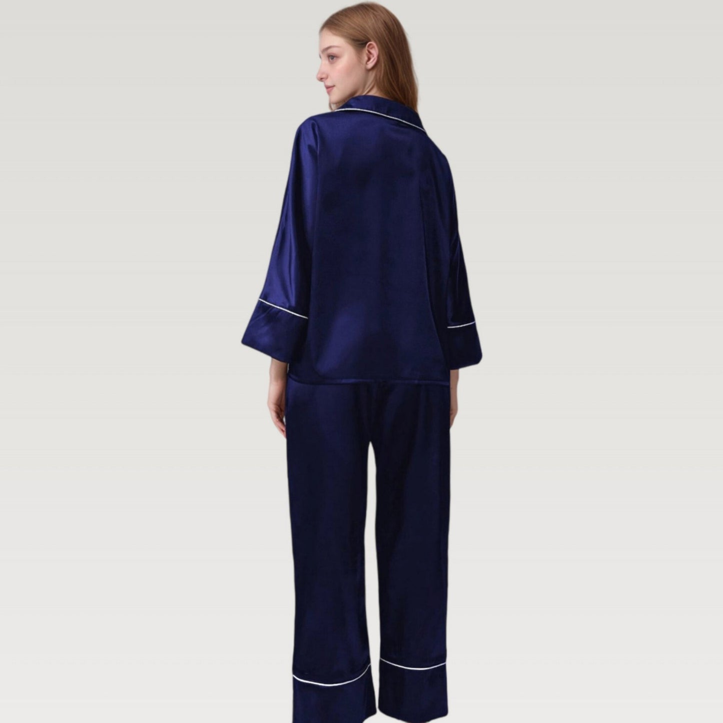 Satin Pajama Set with Button-Up Long Sleeve Top and Wide Leg Pants with Contrast Trim