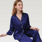 Satin Pajama Set with Button-Up Long Sleeve Top and Wide Leg Pants with Contrast Trim