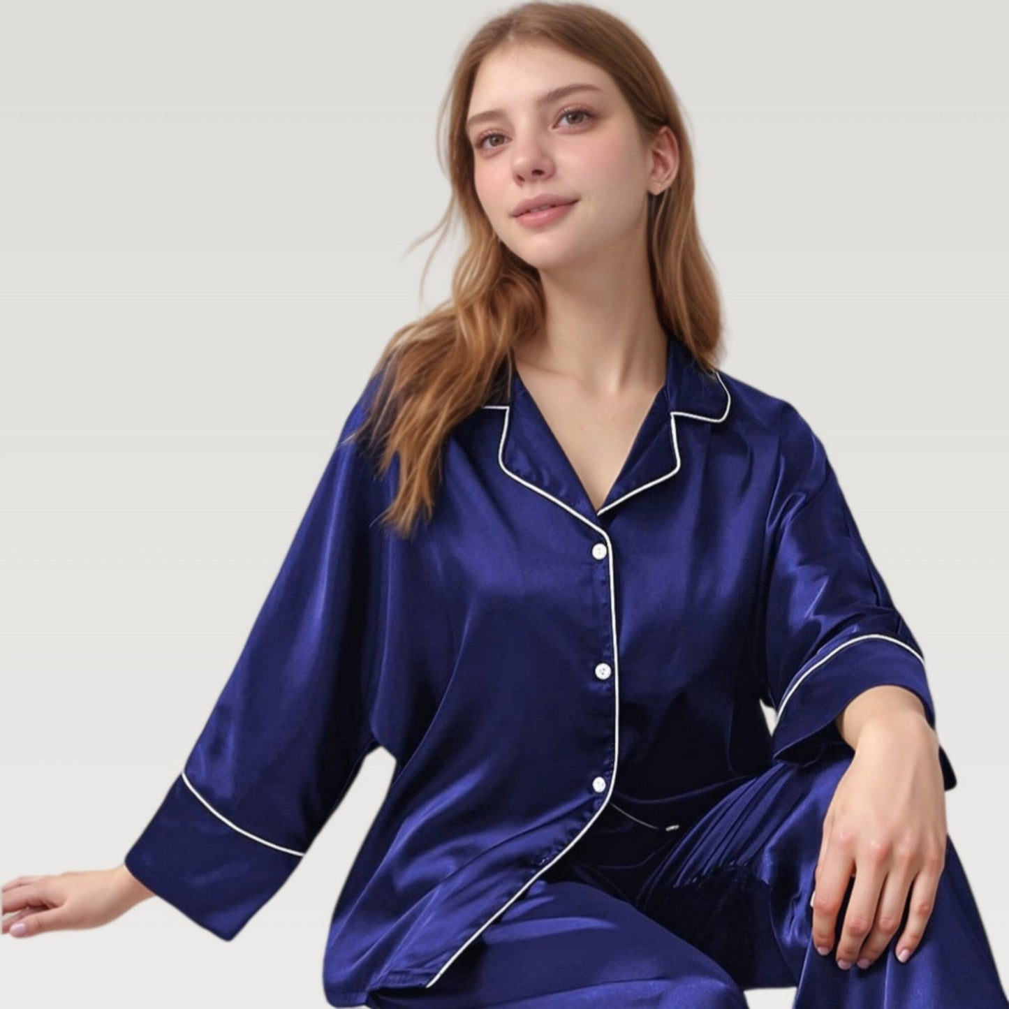 Satin Pajama Set with Button-Up Long Sleeve Top and Wide Leg Pants with Contrast Trim