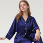Satin Pajama Set with Button-Up Long Sleeve Top and Wide Leg Pants with Contrast Trim