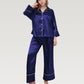 Satin Pajama Set with Button-Up Long Sleeve Top and Wide Leg Pants with Contrast Trim