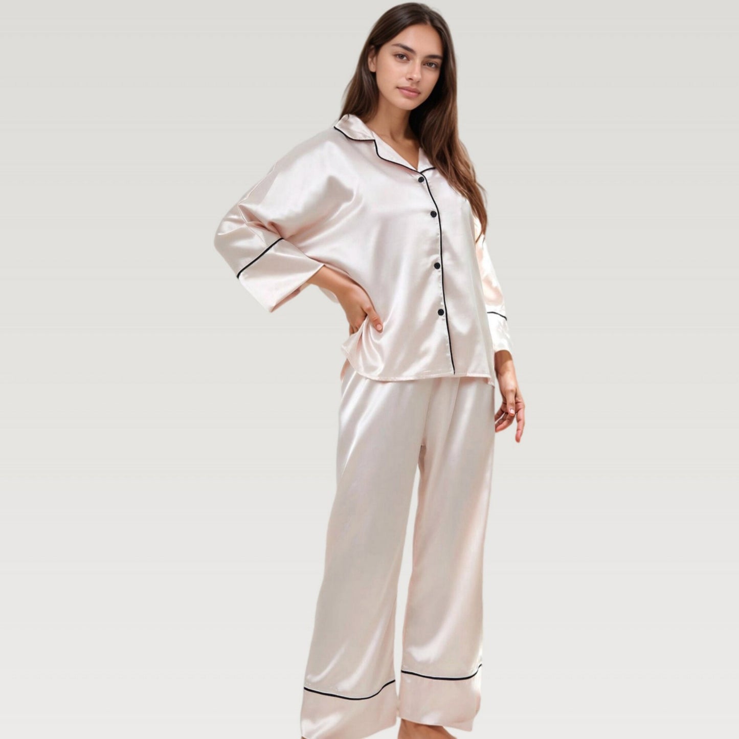 Satin Pajama Set with Button-Up Long Sleeve Top and Wide Leg Pants with Contrast Trim