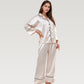Satin Pajama Set with Button-Up Long Sleeve Top and Wide Leg Pants with Contrast Trim