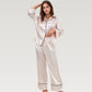 Satin Pajama Set with Button-Up Long Sleeve Top and Wide Leg Pants with Contrast Trim