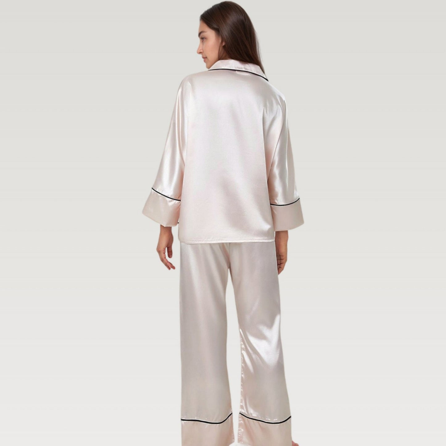 Satin Pajama Set with Button-Up Long Sleeve Top and Wide Leg Pants with Contrast Trim