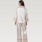 Satin Pajama Set with Button-Up Long Sleeve Top and Wide Leg Pants with Contrast Trim