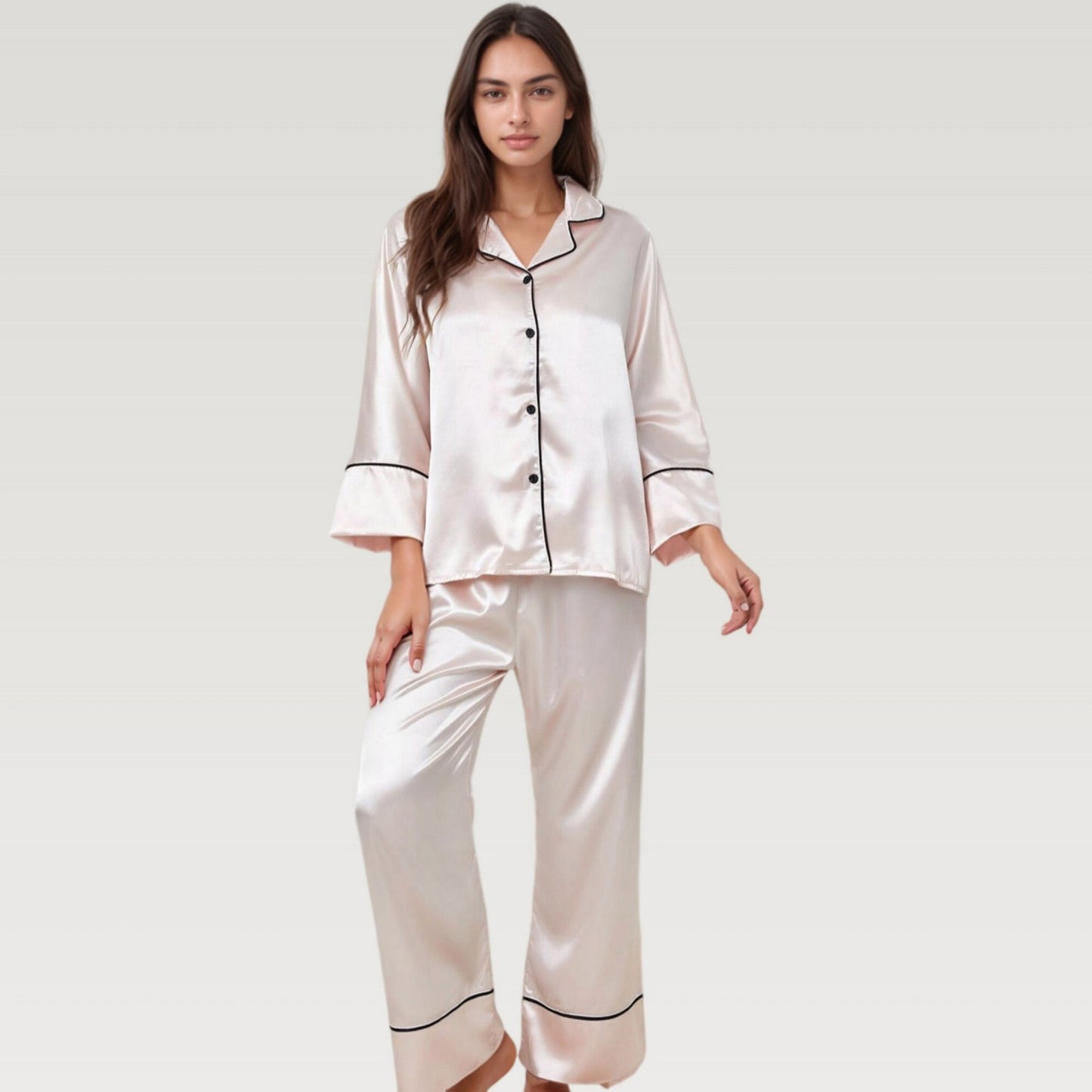 Satin Pajama Set with Button-Up Long Sleeve Top and Wide Leg Pants with Contrast Trim
