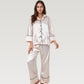 Satin Pajama Set with Button-Up Long Sleeve Top and Wide Leg Pants with Contrast Trim