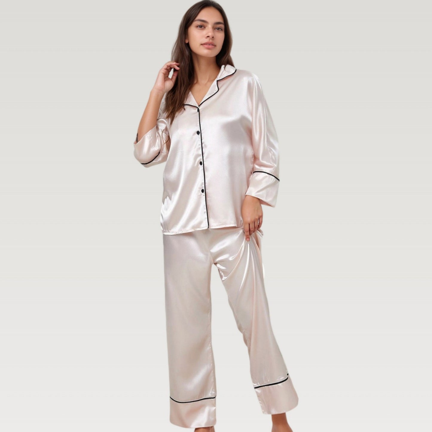 Satin Pajama Set with Button-Up Long Sleeve Top and Wide Leg Pants with Contrast Trim