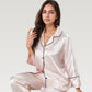 Satin Pajama Set with Button-Up Long Sleeve Top and Wide Leg Pants with Contrast Trim