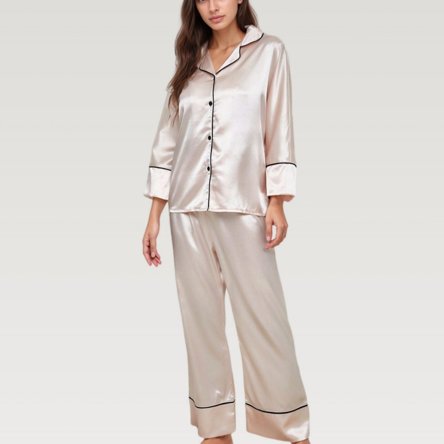 Satin Pajama Set with Button-Up Long Sleeve Top and Wide Leg Pants with Contrast Trim
