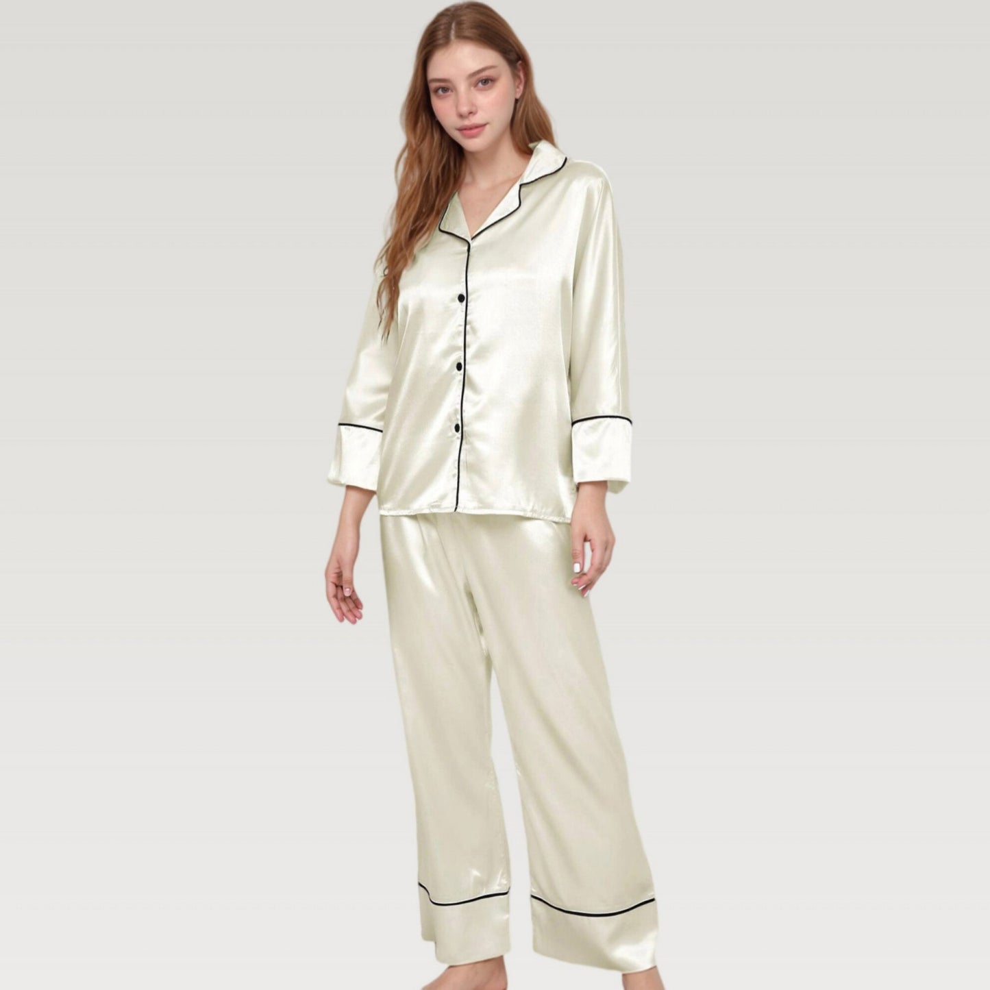 Satin Pajama Set with Button-Up Long Sleeve Top and Wide Leg Pants with Contrast Trim