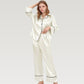 Satin Pajama Set with Button-Up Long Sleeve Top and Wide Leg Pants with Contrast Trim