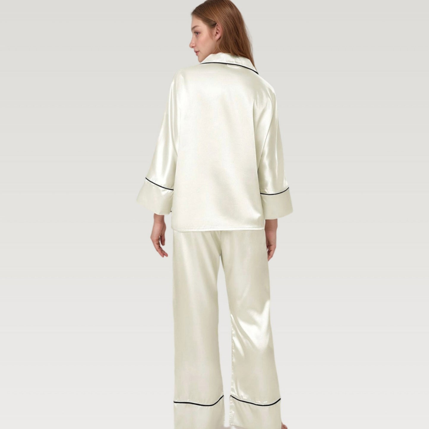 Satin Pajama Set with Button-Up Long Sleeve Top and Wide Leg Pants with Contrast Trim