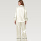 Satin Pajama Set with Button-Up Long Sleeve Top and Wide Leg Pants with Contrast Trim