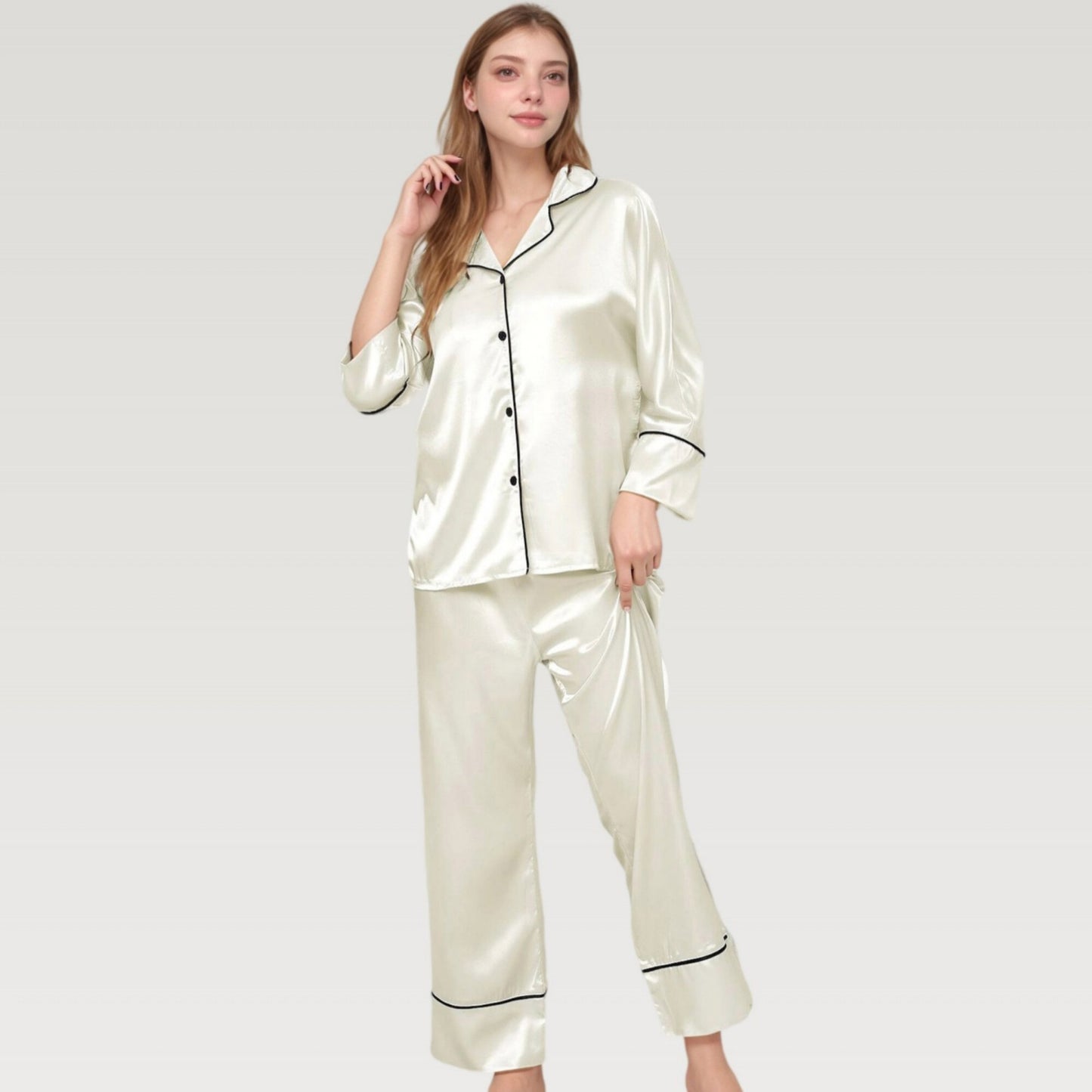 Satin Pajama Set with Button-Up Long Sleeve Top and Wide Leg Pants with Contrast Trim