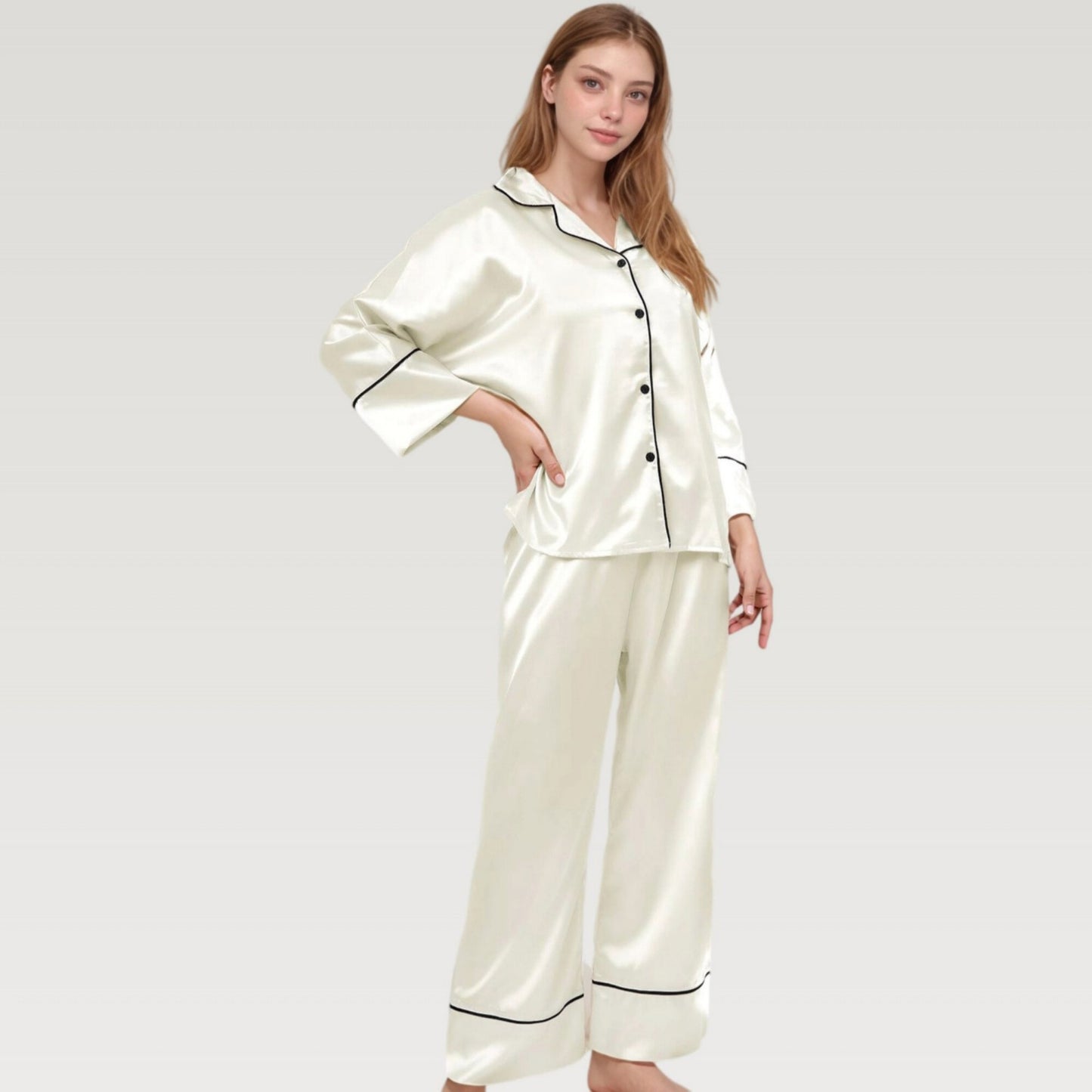 Satin Pajama Set with Button-Up Long Sleeve Top and Wide Leg Pants with Contrast Trim