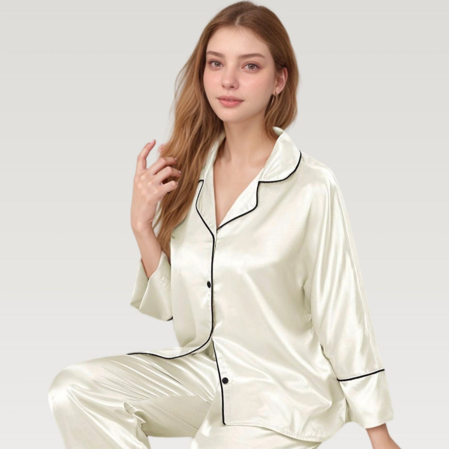 Satin Pajama Set with Button-Up Long Sleeve Top and Wide Leg Pants with Contrast Trim