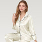 Satin Pajama Set with Button-Up Long Sleeve Top and Wide Leg Pants with Contrast Trim