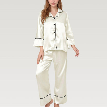 Satin Pajama Set with Button-Up Long Sleeve Top and Wide Leg Pants with Contrast Trim
