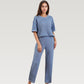 Waffle Knit Pajama Set with Short Sleeve Top and Relaxed Fit Wide Leg Pants