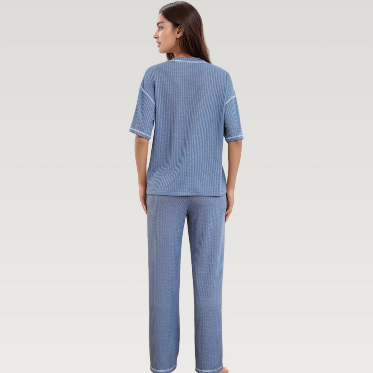 Waffle Knit Pajama Set with Short Sleeve Top and Relaxed Fit Wide Leg Pants