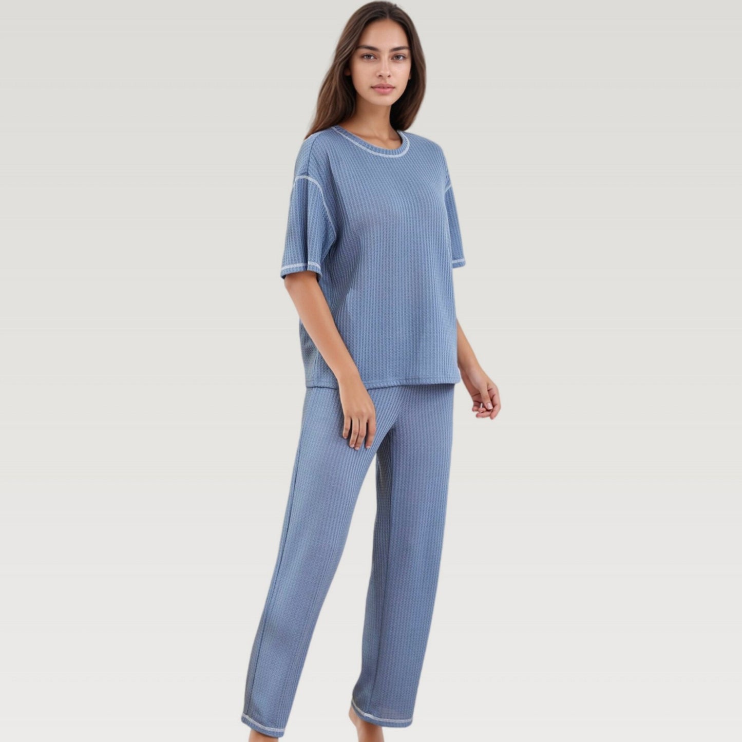 Waffle Knit Pajama Set with Short Sleeve Top and Relaxed Fit Wide Leg Pants