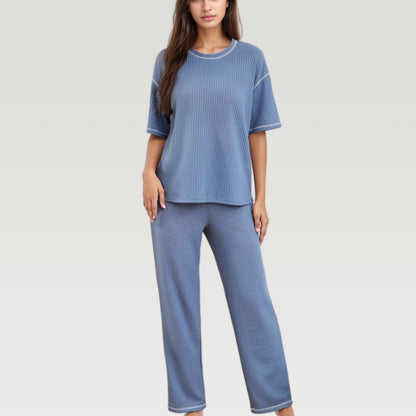 Waffle Knit Pajama Set with Short Sleeve Top and Relaxed Fit Wide Leg Pants