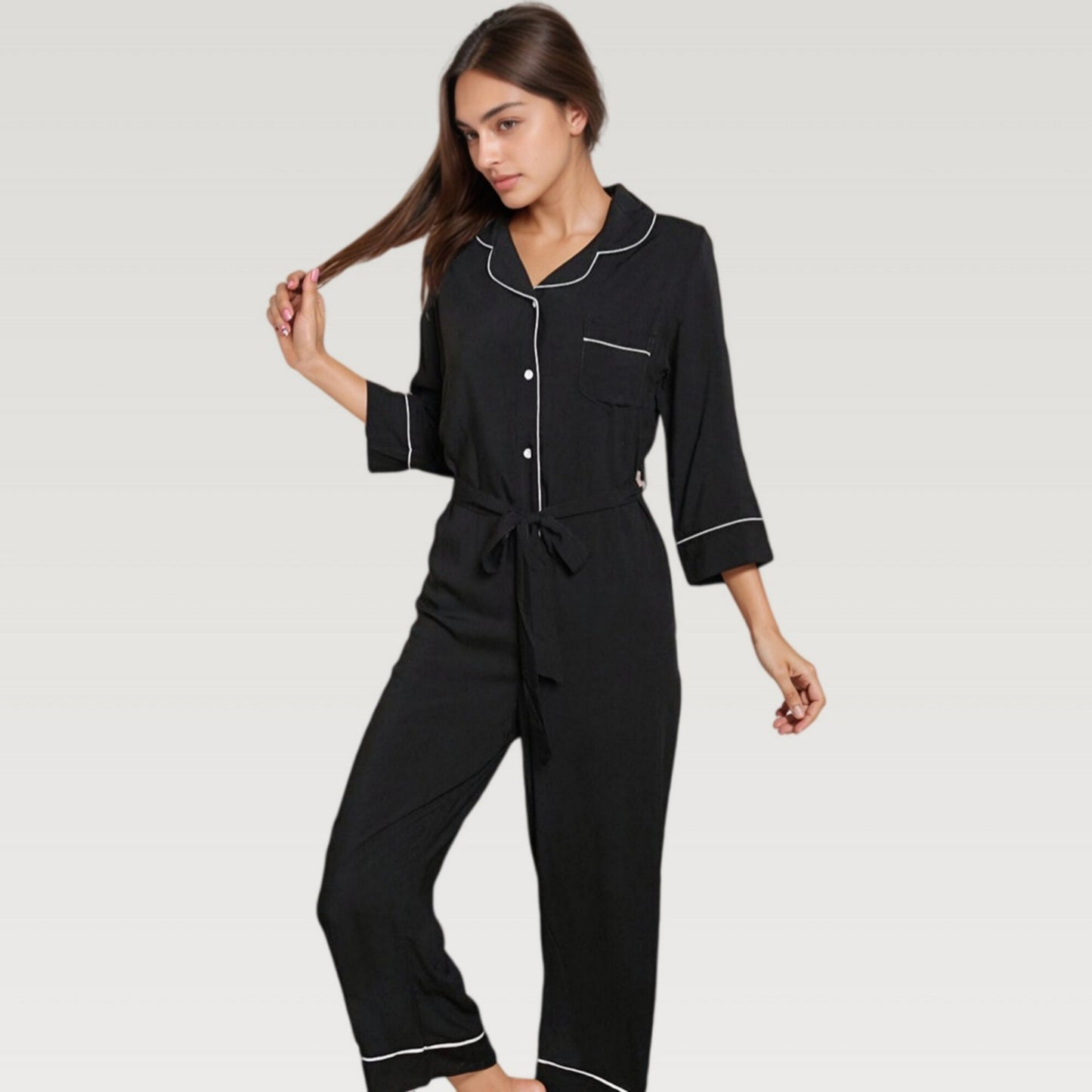 Button Front Pajama Jumpsuit with Contrast Trim and Waist Tie Detail