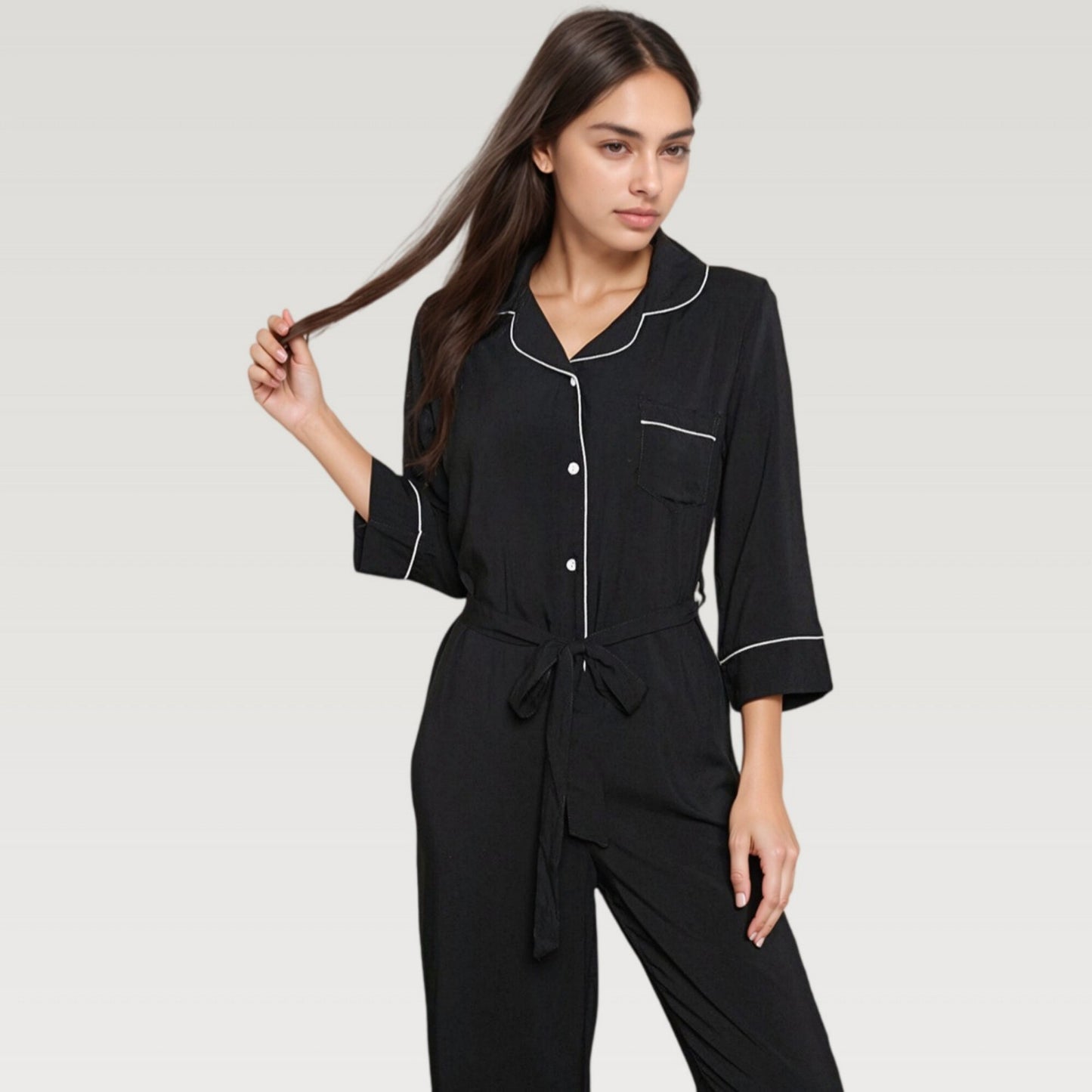 Button Front Pajama Jumpsuit with Contrast Trim and Waist Tie Detail