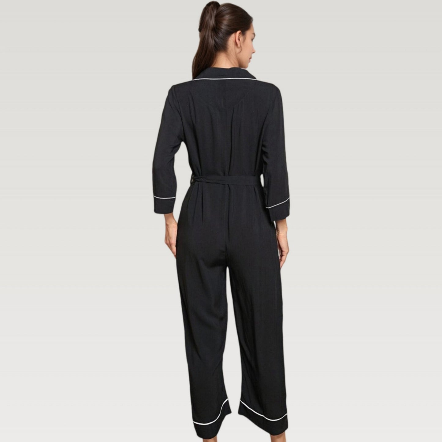 Button Front Pajama Jumpsuit with Contrast Trim and Waist Tie Detail