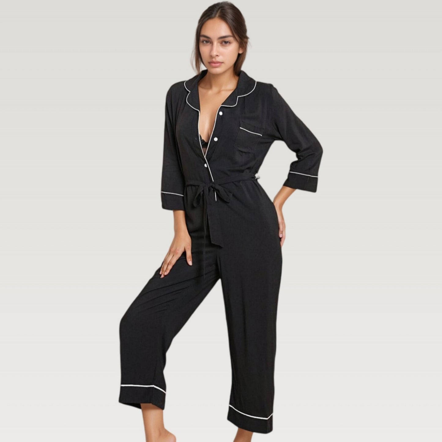 Button Front Pajama Jumpsuit with Contrast Trim and Waist Tie Detail