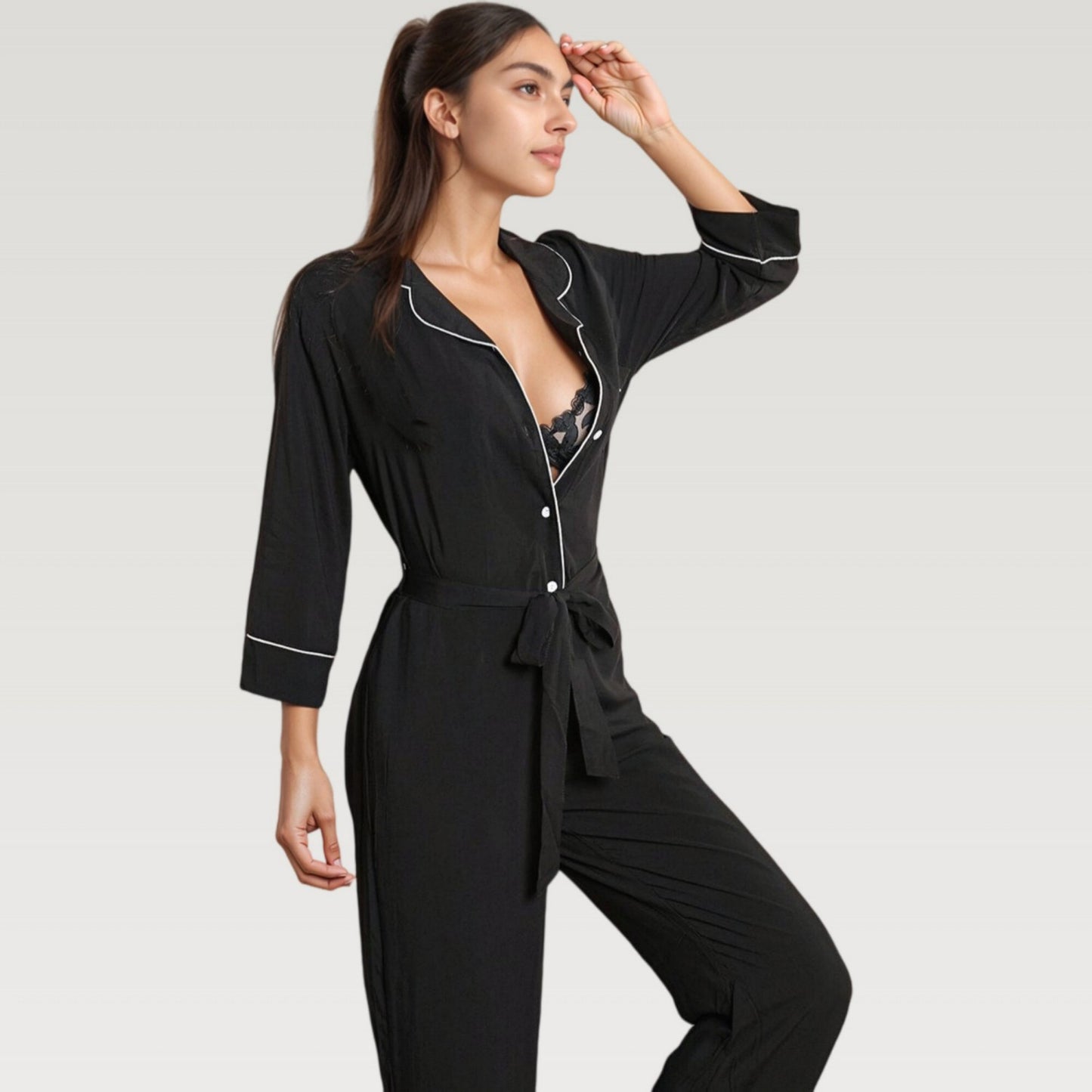 Button Front Pajama Jumpsuit with Contrast Trim and Waist Tie Detail
