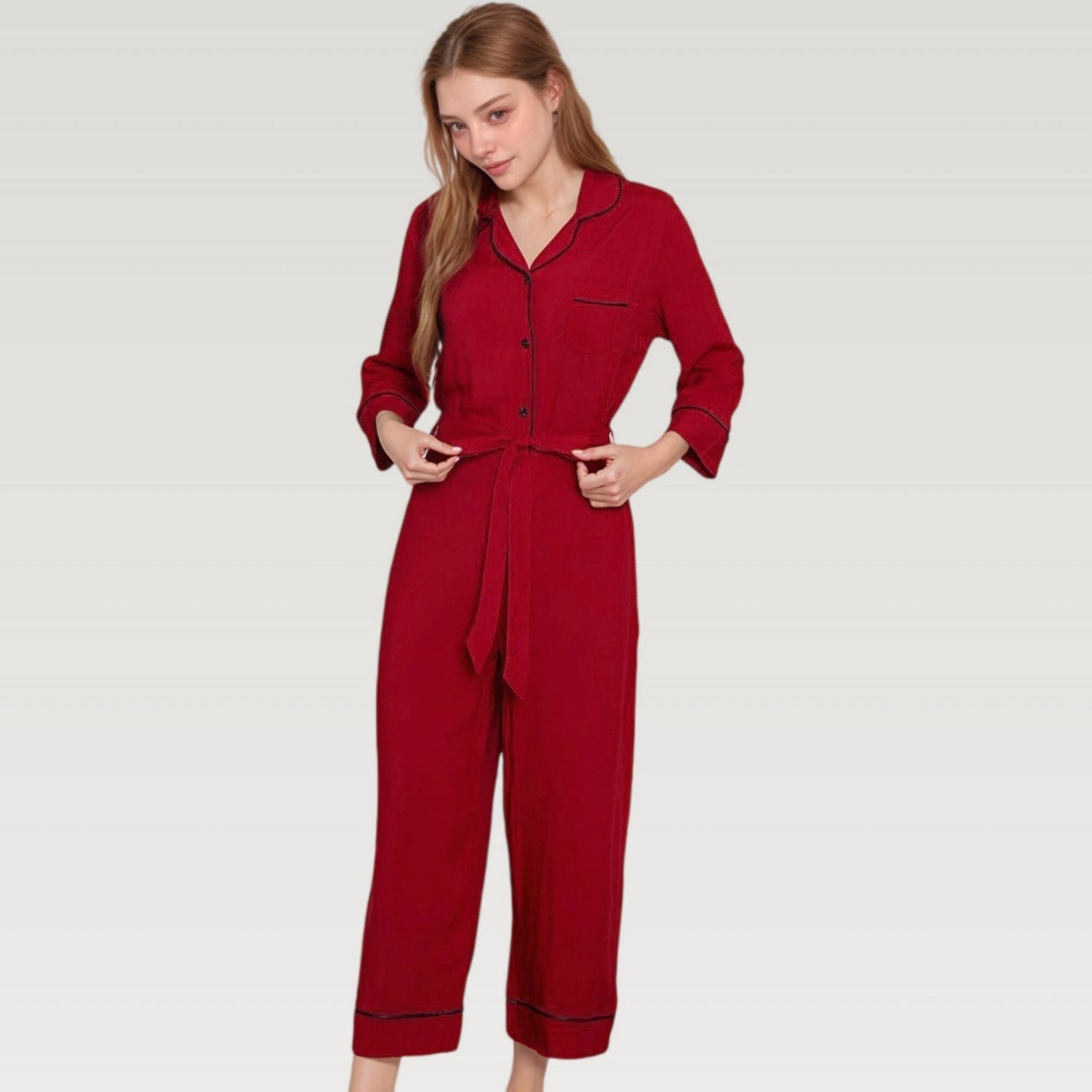 Button Front Pajama Jumpsuit with Contrast Trim and Waist Tie Detail