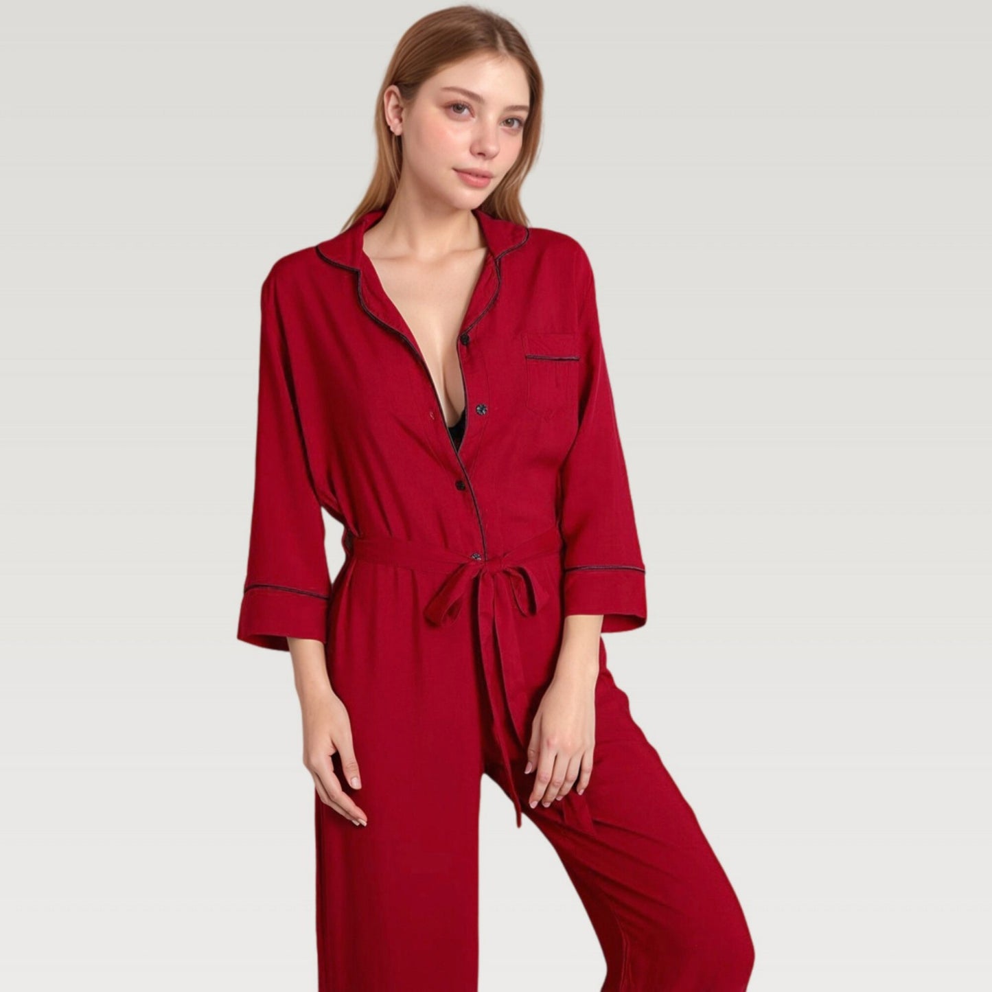 Button Front Pajama Jumpsuit with Contrast Trim and Waist Tie Detail