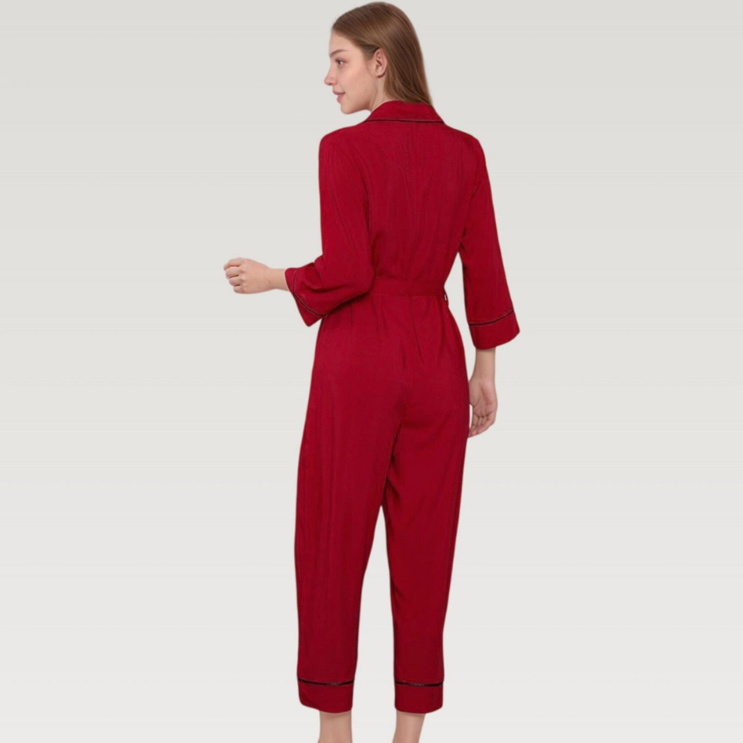 Button Front Pajama Jumpsuit with Contrast Trim and Waist Tie Detail