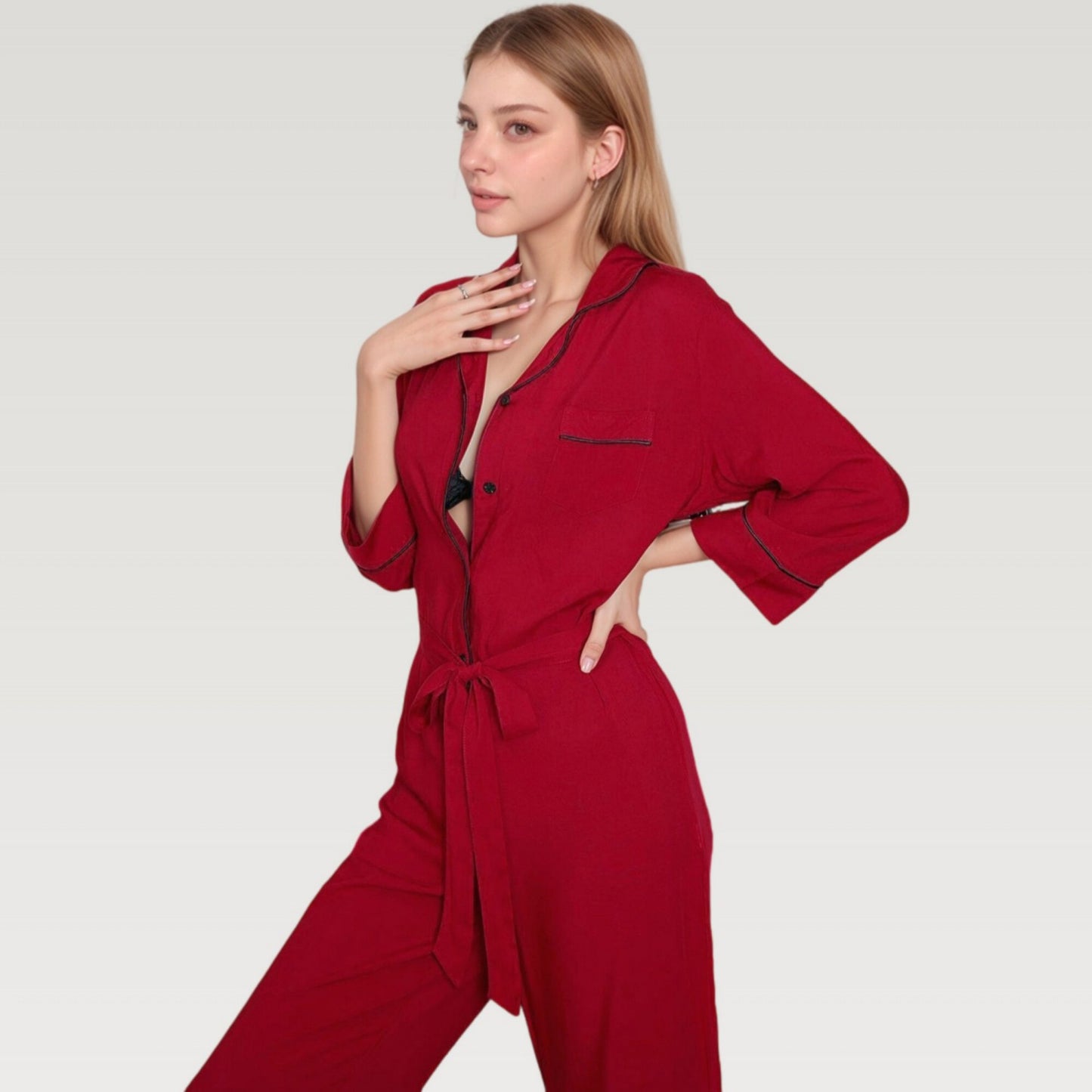 Button Front Pajama Jumpsuit with Contrast Trim and Waist Tie Detail