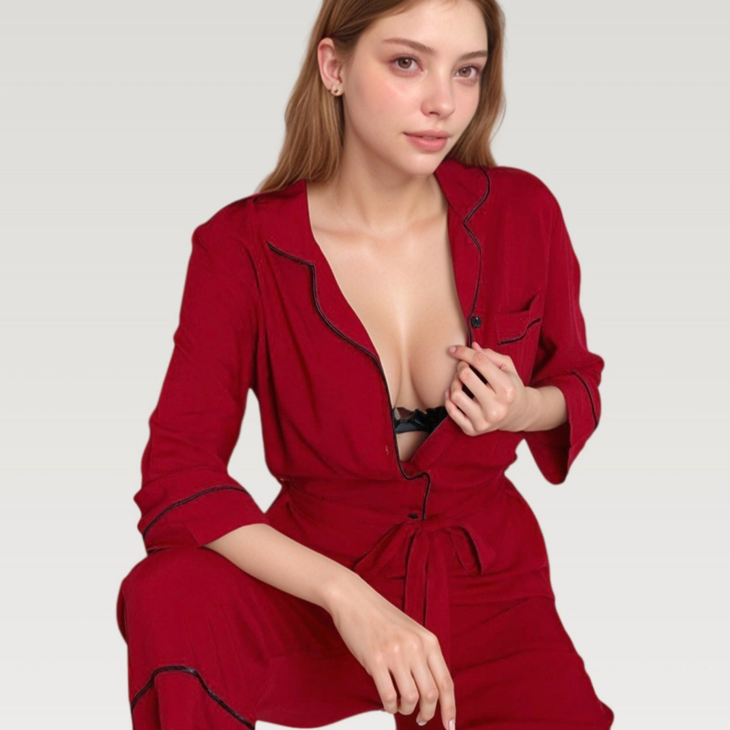 Button Front Pajama Jumpsuit with Contrast Trim and Waist Tie Detail