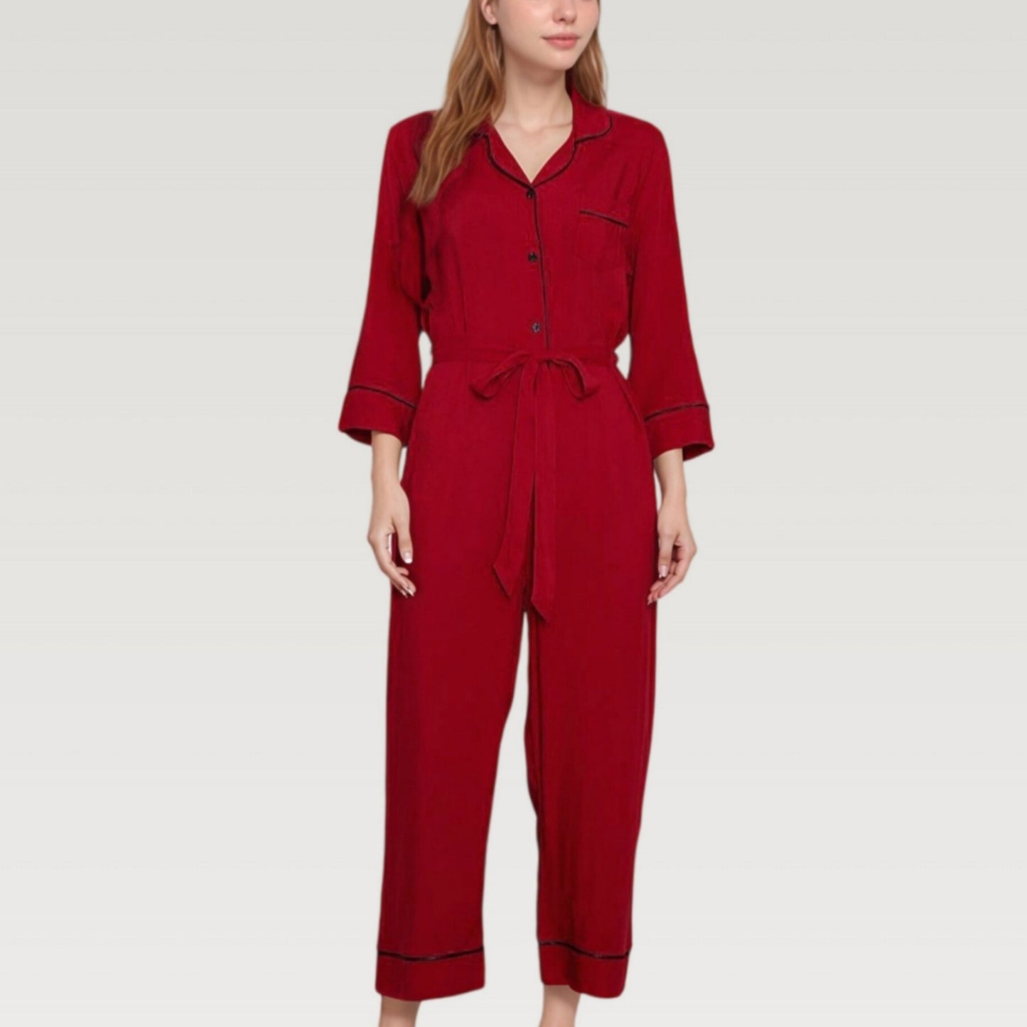 Button Front Pajama Jumpsuit with Contrast Trim and Waist Tie Detail