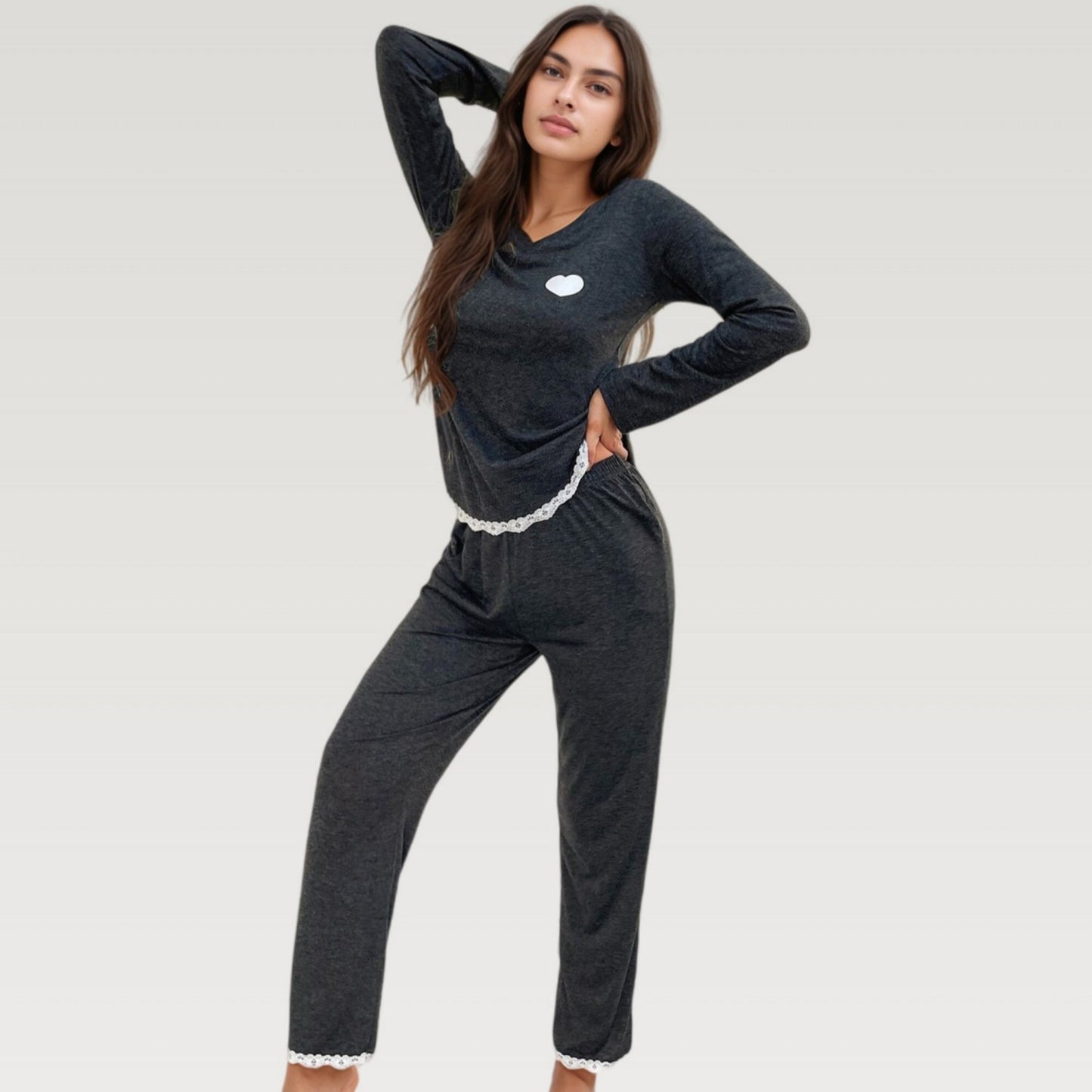 Long Sleeve Pajama Set with Lace Trim and Heart Detail