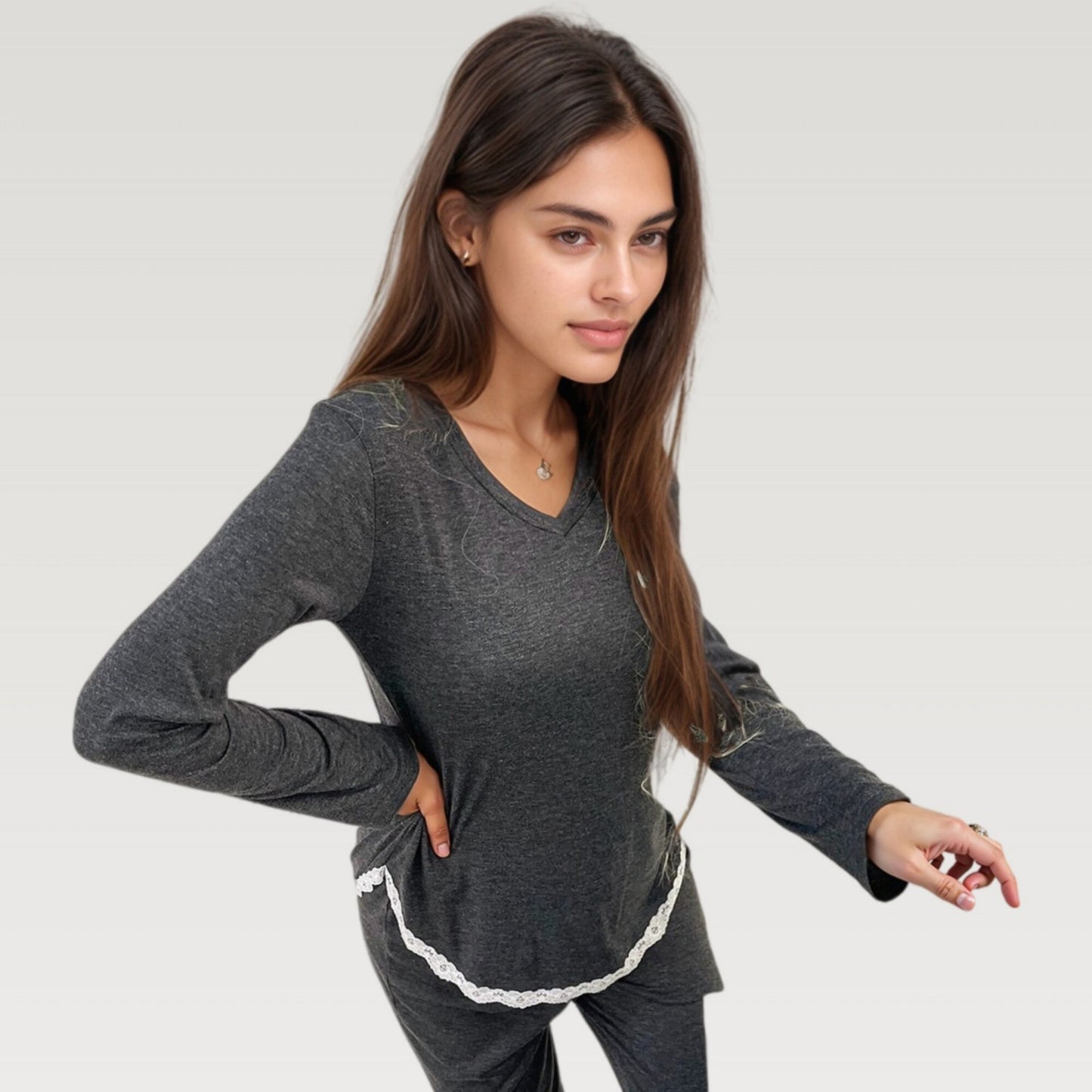 Long Sleeve Pajama Set with Lace Trim and Heart Detail