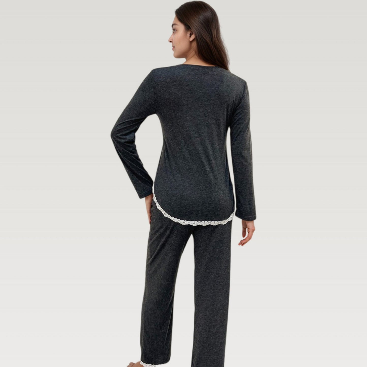 Long Sleeve Pajama Set with Lace Trim and Heart Detail